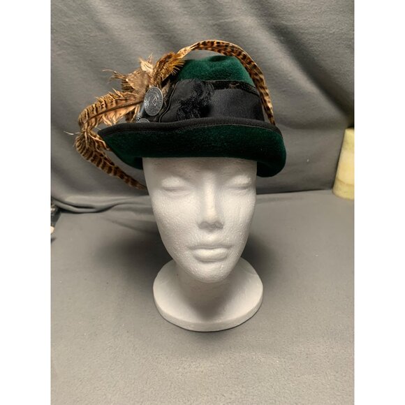 Tyrolean Green Felt Fedora Hat With Feather & Button Accents Size 22 - Picture 9 of 12